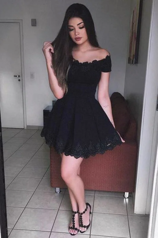 illusion back evening gown-Black Off-the-shoulder Lace Homecoming Short Prom Dress for Teens Mini Grad Dresses