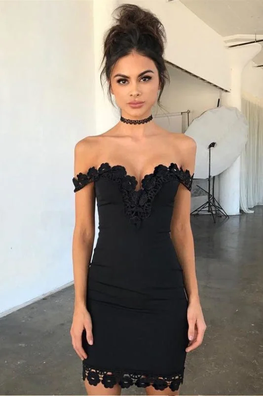 shimmering evening dress-Black Off the Shoulder Sheath Short Formal Dresses Sexy Homecoming Dress with Lace