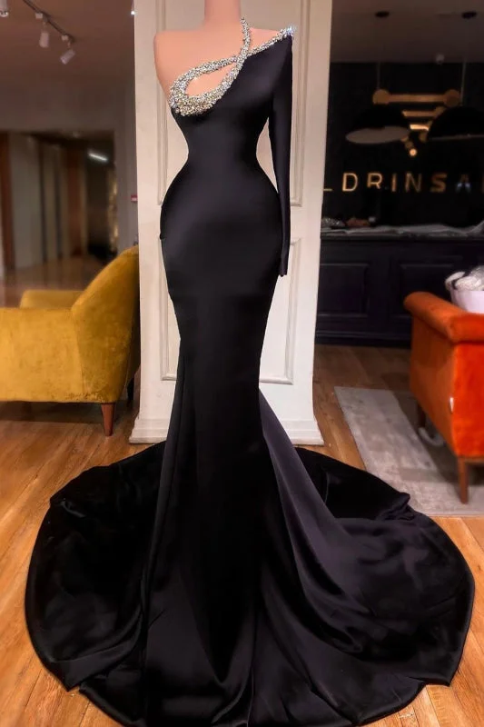 elegant cocktail evening gown-Black One Shoulder Mermaid Prom Dress with Beads