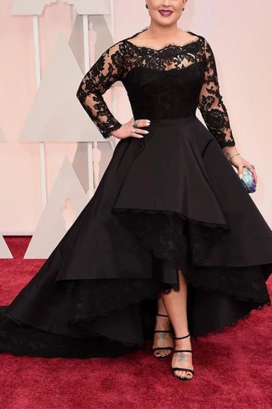 evening gown for black-tie events-Black Plus Size Prom High Low Long Sleeve Evening Dress with Lace