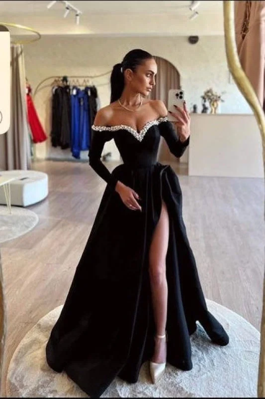 ruched evening gown-Black Prom Dress Long A Line Pleated High Slit