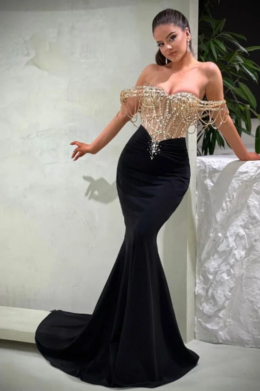 evening gown with embroidery-Black Sequin Mermaid Prom Dress Off The Shoulder Strapless Beaded Gown