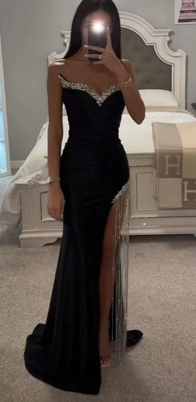 beaded evening gown-Black Sequin Prom Dress with Long Cowl Neck High Slit