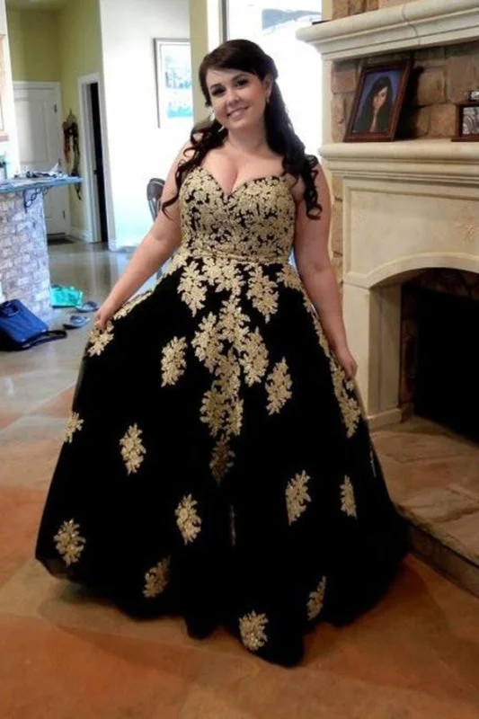 cap sleeve evening gown-Black Spaghetti Straps Sleeveless Applique Floor-Length Tulle Plus Size Prom Dresses