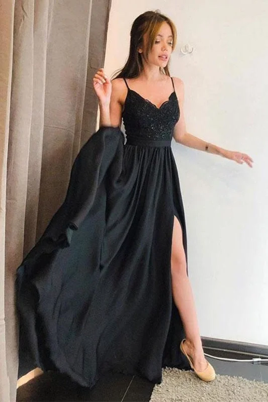 pleated evening dress-Black Spaghetti Straps V neck Prom Dress with Lace High Split Evening Gowns