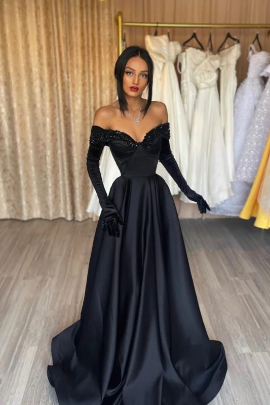 sheer sleeve evening dress-Black Strapless A-Line Prom Dress with Gloves in Charmeuse