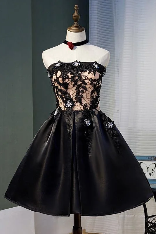 off-the-shoulder evening gown-Black Strapless Satin Homecoming Lace Cheap Graduation Dress with Crystals