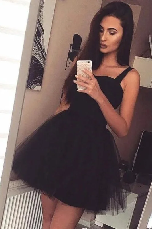 scalloped hem evening gown-Black Straps Tulle Sweet 16 Dresses A Line Cute Sleeveless Mini Homecoming Dress