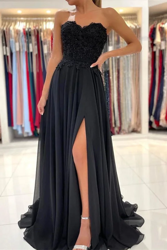 sleeveless evening dress-Black Sweetheart Prom Dress Appliques with Split