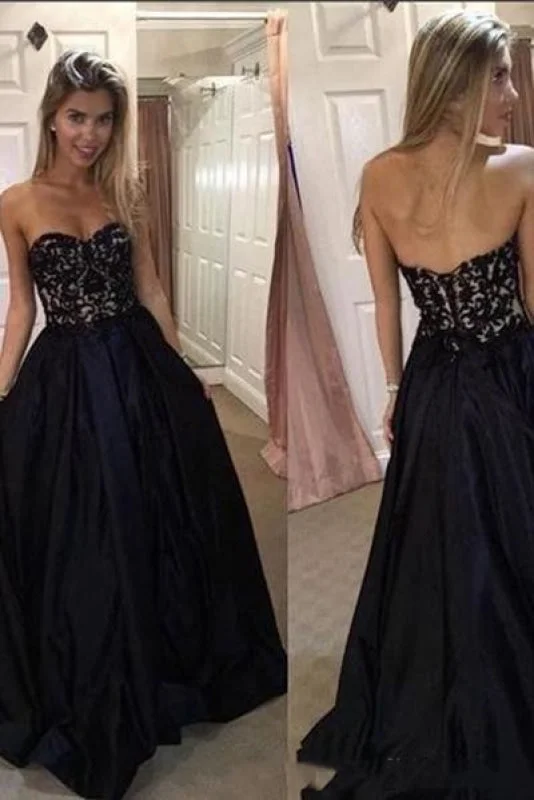 layered evening dress-Black Sweetheart Prom with Lace A Line Strapless Long Graduation Dress