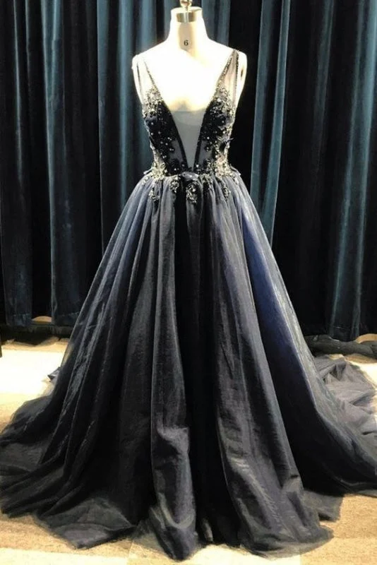 illusion neckline evening dress-Black Tulle Deep V Neck Long Beaded Prom with Appliques Puffy Formal Dress