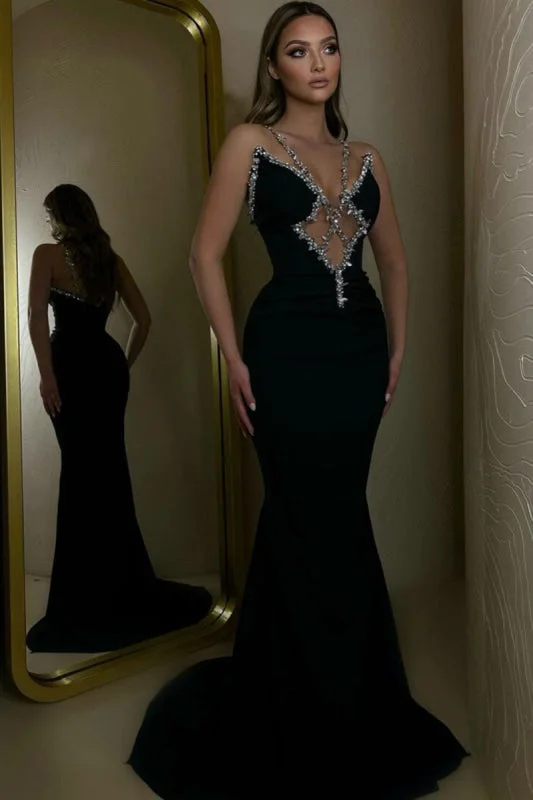 evening gown for black-tie events-Black V-Neck Mermaid Prom Dress Beaded Satin Sleeveless Long Dress