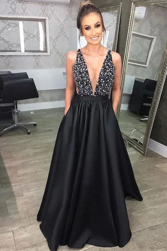 off-the-shoulder evening gown-Black V Neck Prom Beading Sparkly A Line Satin Party Dress with Sheer Back