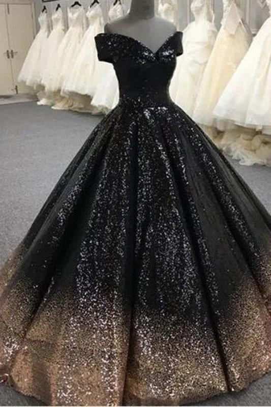 tulle evening dress-Bling Sequins Black Ball Prom Dresses Off Shoulder Formal Gown Masquerade