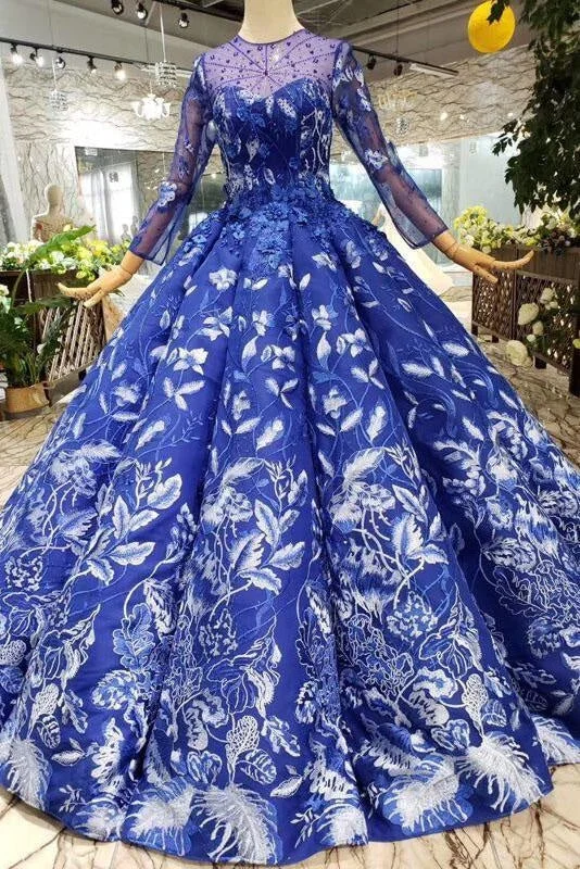 evening dress with appliqués-Blue Ball Gown Floral Prom with Sleeves Appliqued Long Quinceanera Dress