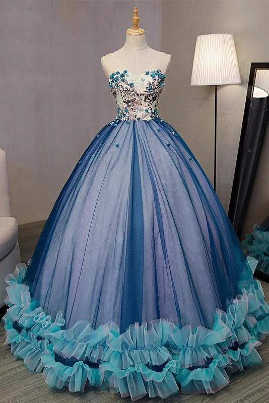 tulle evening dress-Blue Ball Gown V Neck Sleeveless Appliqued Tulle Prom Dress Hot Quinceanera Dresses