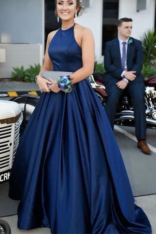 elegant cocktail evening gown-Blue Halter Satin Sleeveless Prom Dress A Line Simple Long Formal Dresses