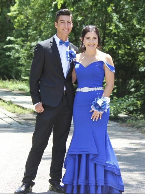 tulle evening dress-Blue Off Shoulder Mermaid Satin Ruched Long Prom, Blue Formal, Evening