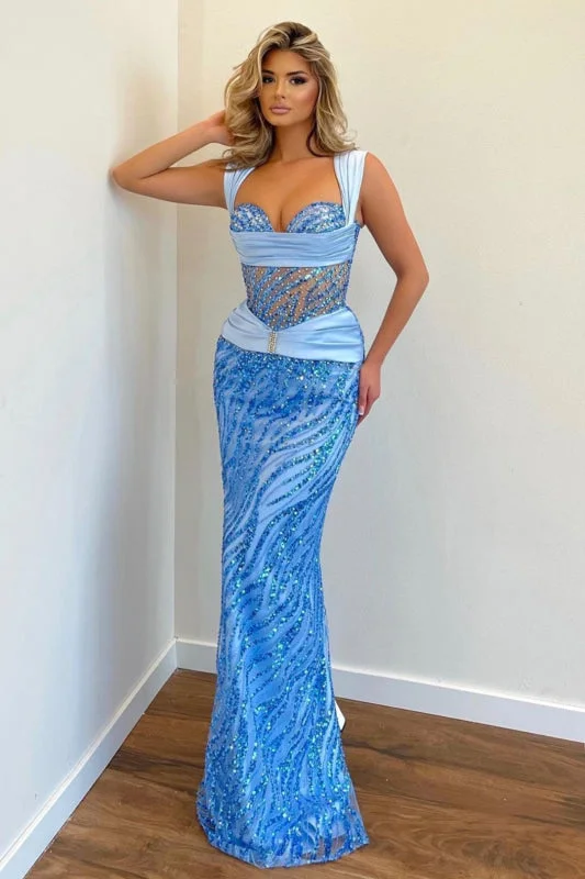 sweetheart neckline evening gown-Blue Prom Dress Wide Shoulder Strap with Sequins Sleeveless Long Mermaid