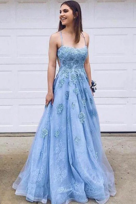 deep V-neck evening gown-Blue Tulle Spaghetti Straps Long Prom Evening Dress With Lace Applique