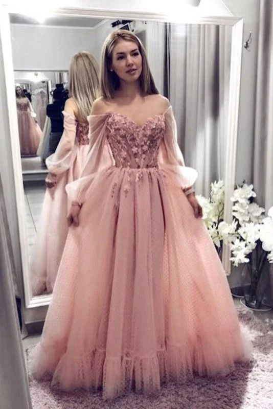 glamorous evening dress-Blush Pink Prom Dresses With Long Sleeves A Line Elegant Evening Dress with Applique