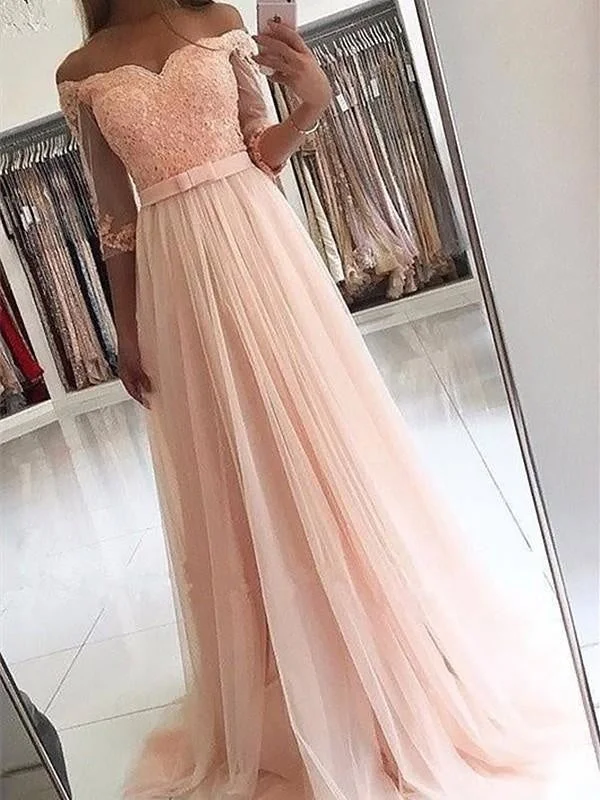 scalloped hem evening gown-Bridelily A-Line 3/4 Sleeves Off-The-Shoulder Tulle With Sash/Ribbon/Belt Sweep/Brush Train Dresses