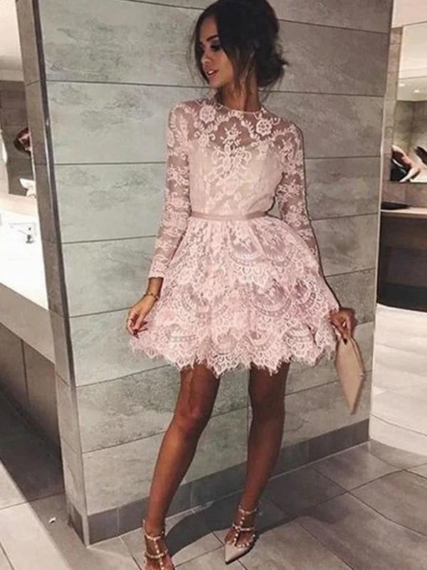 sophisticated evening gown-Bridelily A-Line Bateau Long Sleeves With Beading Lace Short/Mini Dresses