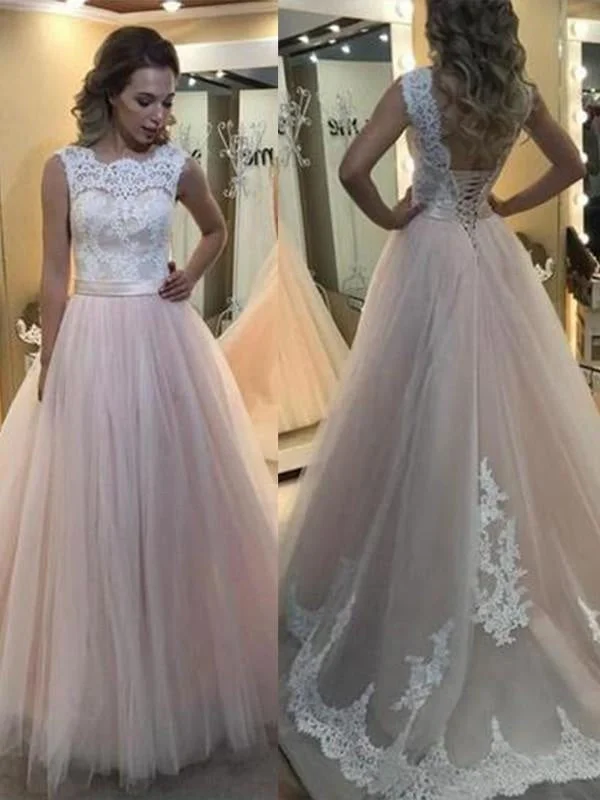 evening gown for prom-Bridelily A-Line Bateau Sleeveless Sweep/Brush Train Lace Tulle Dresses