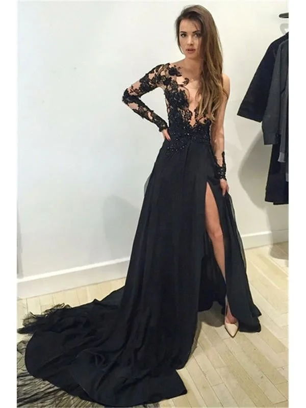 layered evening dress-Bridelily A-Line Chiffon Bateau Long Sleeves Court Train With Lace Dresses