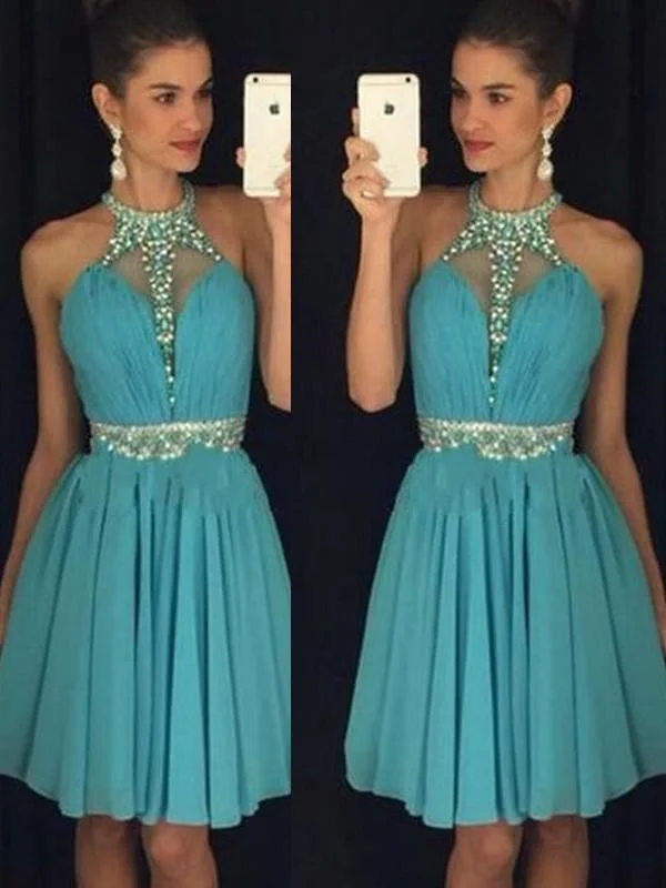 high slit evening gown-Chiffon Halter Sleeveless A-line Short/Mini With Beading Dresses