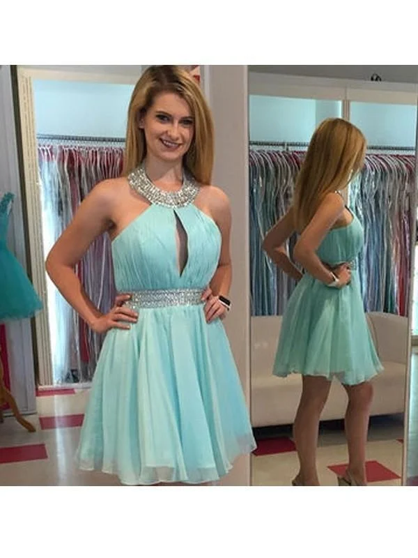 evening gown for prom-Bridelily A-Line Chiffon Halter Sleeveless Short/Mini With Beading Prom Dresses