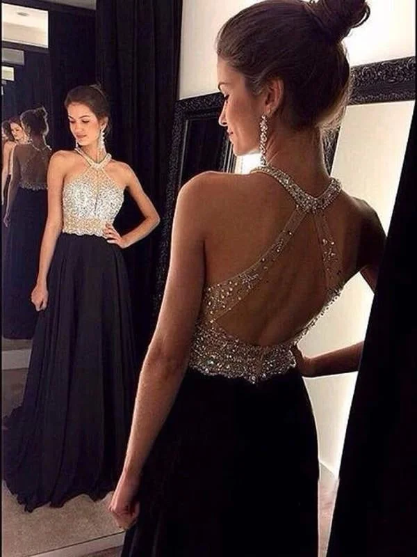 sequined formal evening gown-Bridelily A-Line Chiffon Halter Sleeveless Sweep/Brush Train With Beading Dresses