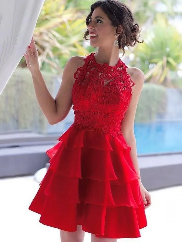 chiffon evening gown-Bridelily A-Line Chiffon Jewel Sleeveless Short With Lace Prom Dresses