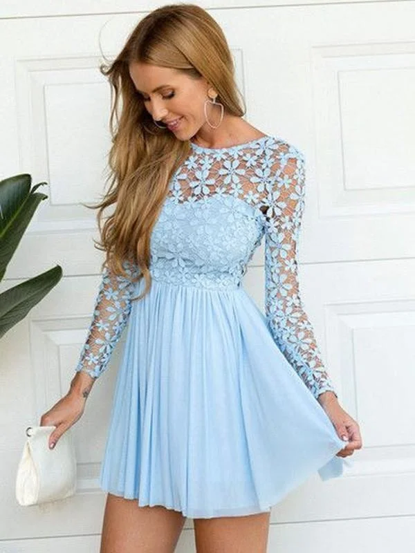 fit and flare evening gown-Chiffon Scoop Long A-line Sleeves Short/Mini With Lace Dresses