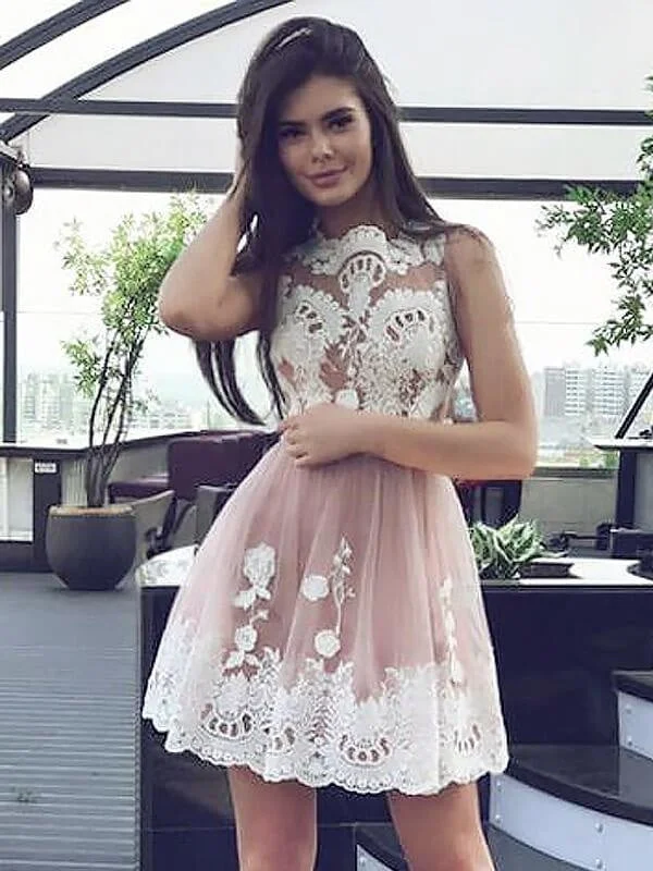 sophisticated evening gown-Chiffon Scoop Sleeveless A-line Short/Mini With Lace Prom Dresses