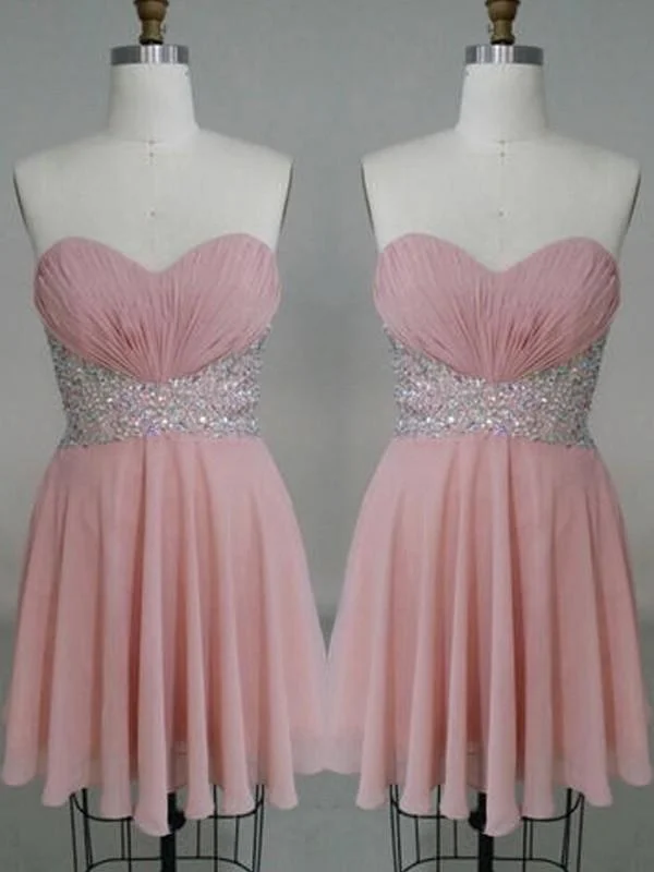 evening gown with sequins-Bridelily A-Line Chiffon Sweetheart Sleeveless Short/Mini With Beading Prom Dresses