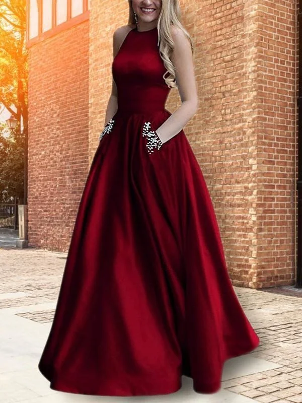 chiffon evening gown-Halter Sleeveless Floor-Length A-line With Beading Satin Dresses