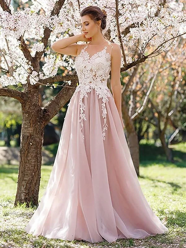 sleeveless tulle evening dress-Bridelily A-Line Jewel Sleeveless Floor-Length With Applique Tulle Dresses