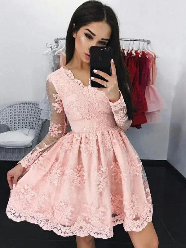 off shoulder evening gown-Bridelily A-Line Lace Long Sleeves With Applique V-neck Short/Mini Dresses