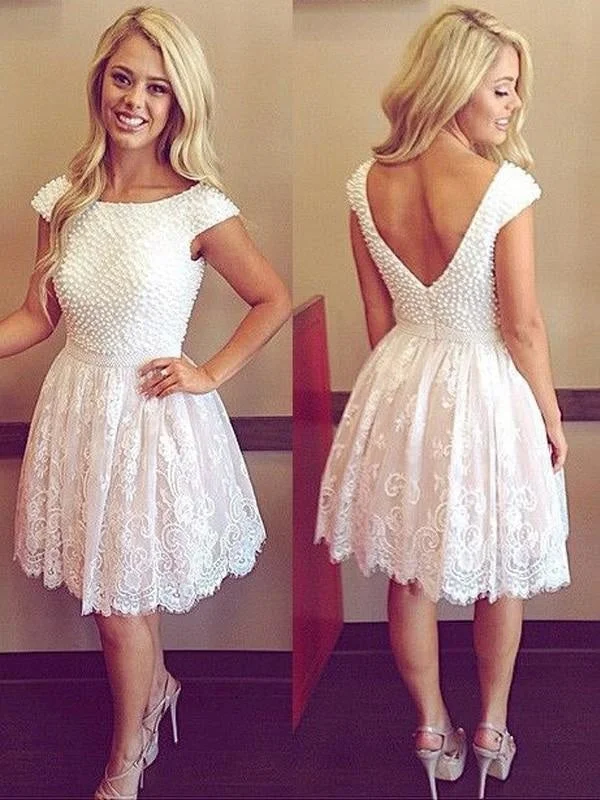 evening gown with sheer overlay-Lace Scoop Short A-line Sleeves Short/Mini With Pearls Dresses