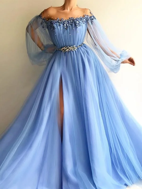 evening dress with bow detail-Long Sleeves Off-The-Shoulder Tulle With Beading Floor-Length Dresses