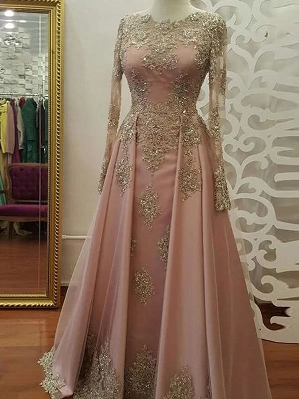 elegant evening dress with sleeves-Long Sleeves Scoop Floor-Length With Applique Tulle Muslim Dresses