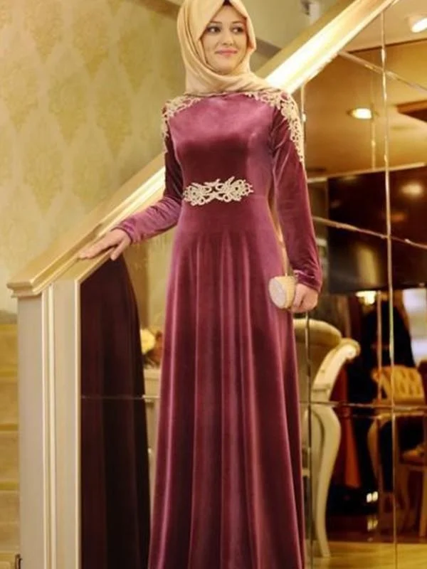 elegant evening attire-Long Sleeves Scoop Floor-Length With Ruffles Velvet Muslim Dresses