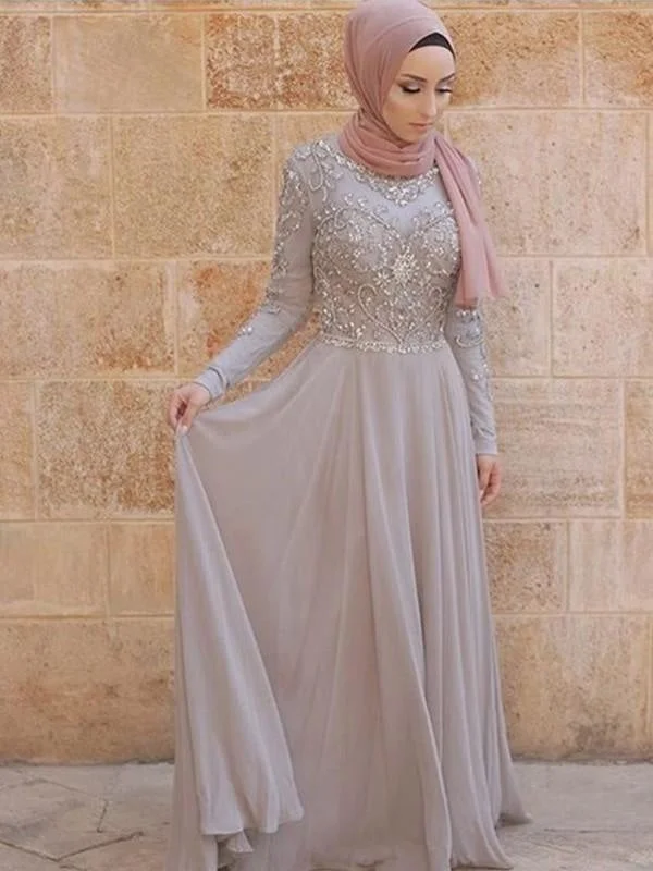 sweetheart neckline evening gown-Long Sleeves Scoop Sweep/Brush Train Crystal Tulle Muslim Dresses