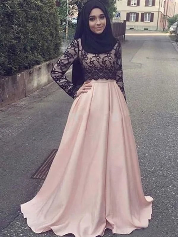 strapless evening gown-Sleeves Scoop Sweep/Brush Train With Applique Satin Muslim Dresses