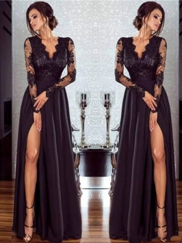 empire waist evening dress-Long Sleeves V-Neck Floor-Length Lace Chiffon With Applique Dresses