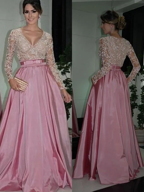 sleeveless evening dress-Bridelily A-Line Long Sleeves V-Neck Floor-Length Lace Satin Dresses