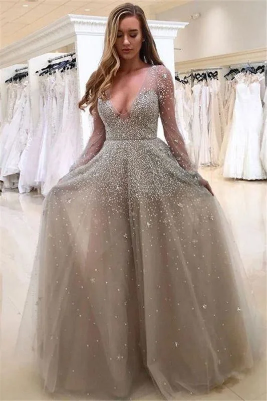 halter neck evening gown-Bridelily A-line Long Sleeves V-neck Floor-length Tulle Pearls Prom Dresses