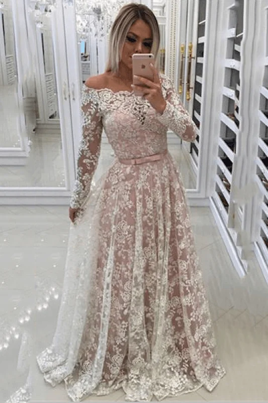 floral print evening dress-Bridelily A-line Off-shoulder Long Sleeves Floor-length Appliques Sash Prom Dresses