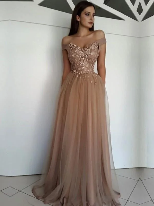 fit and flare evening gown-Bridelily A-Line Off-The-Shoulder Floor-Length With Applique Dresses